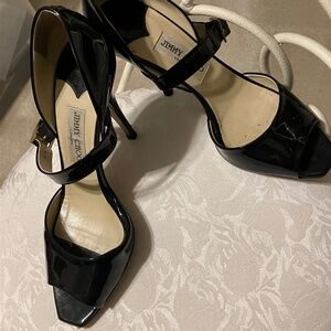 Jimmy Choo Black Patent Leather Peep Toe High Heeled Shoes